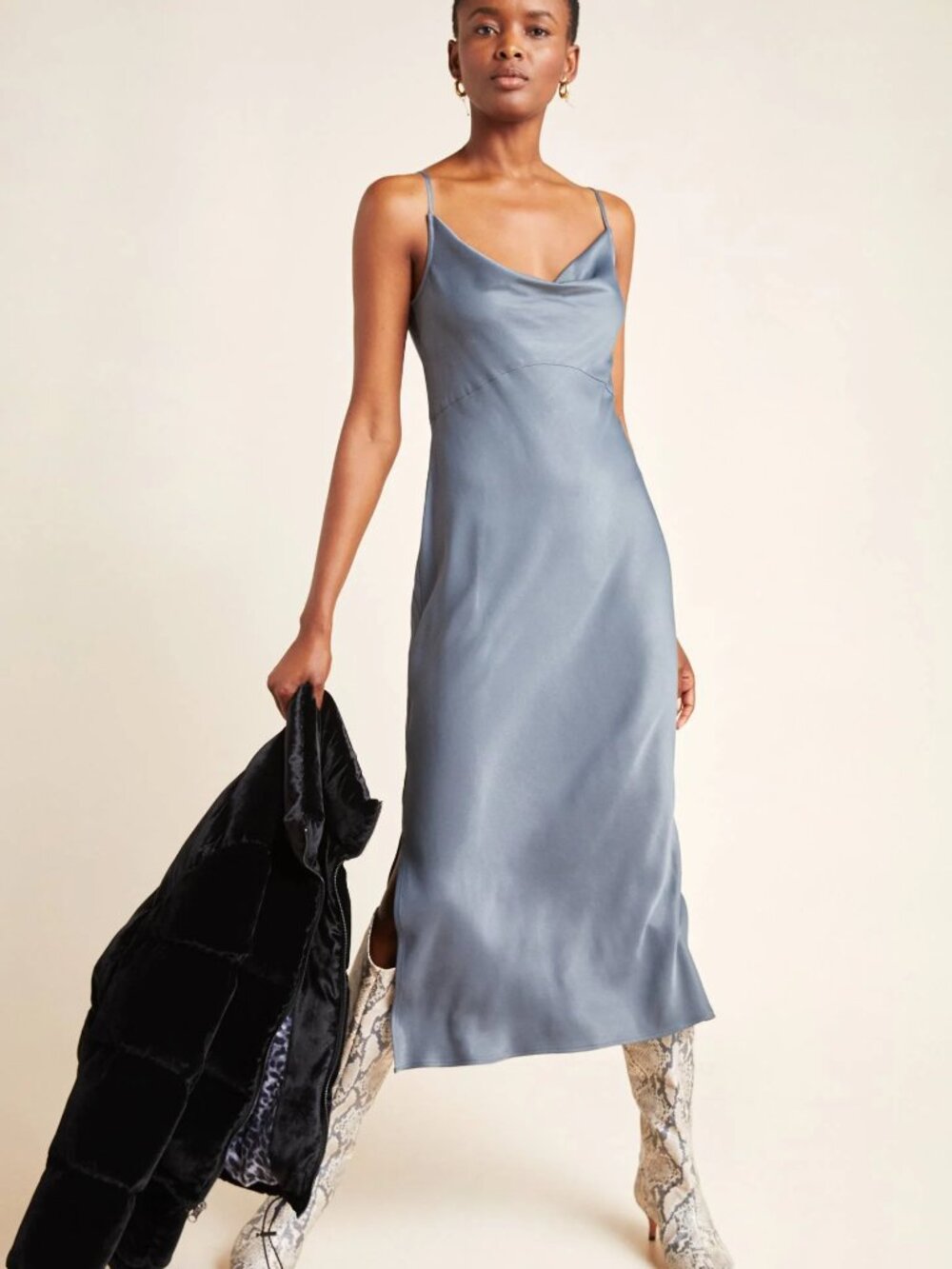 ANTHROPOLOGIE  Elyse Bias Cut Slip Dress, Carbon Gray,  Medium